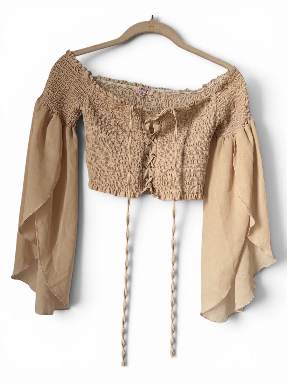 Smocked Off Shoulder Crop Top Bell Flowy Sleeves Beige Fairy Coquette Dainty